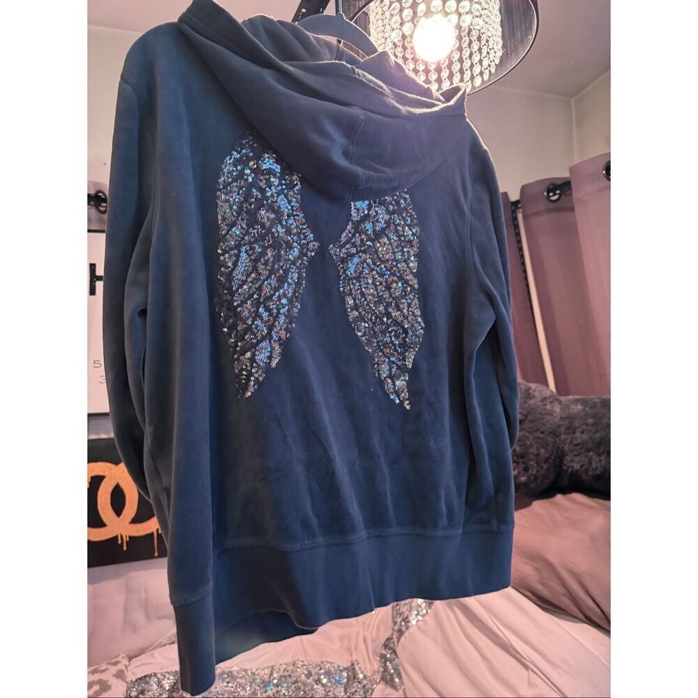 Victoria’s Secret Women’s Y2K Sequin Angel Wings Zip Up Hoodie Gray Velour Xl - Picture 2 of 6